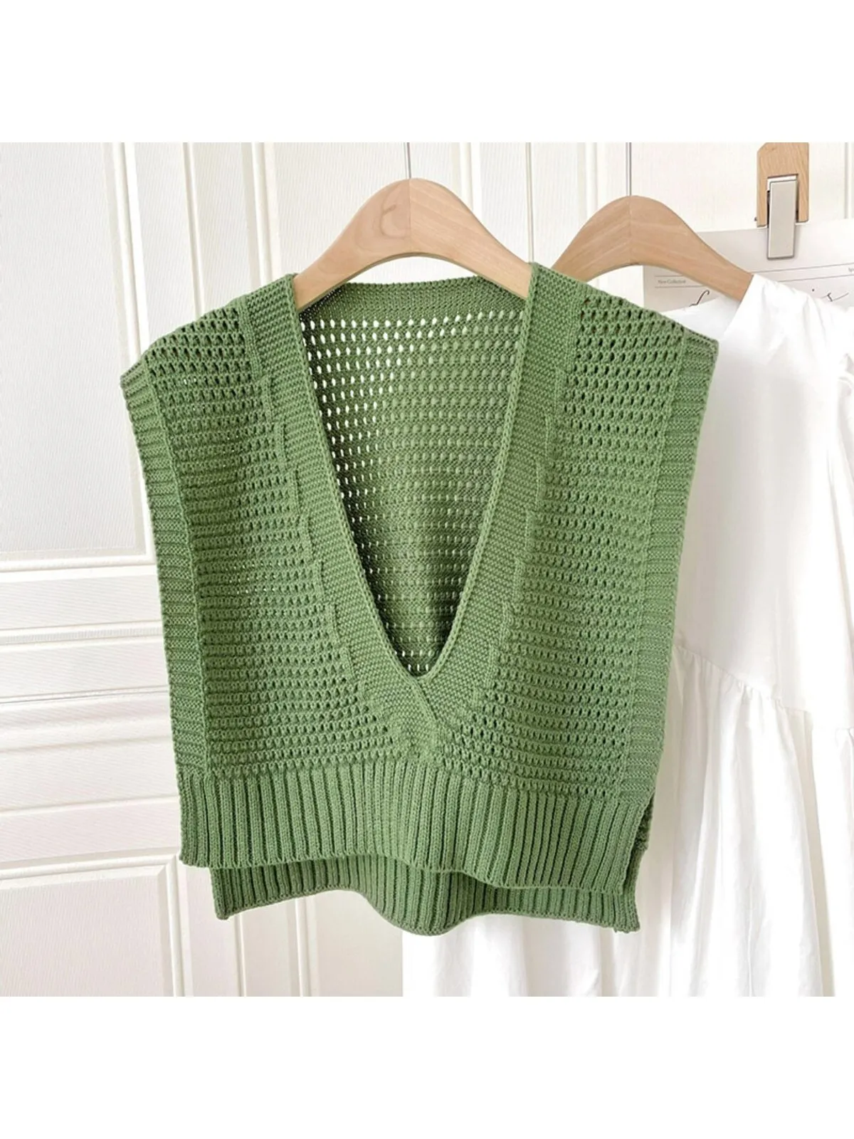 1pc Ladies' V-neck Sleeveless Sweater Vest With Hollow Out Details, Knitted Tank Top Shawl SD