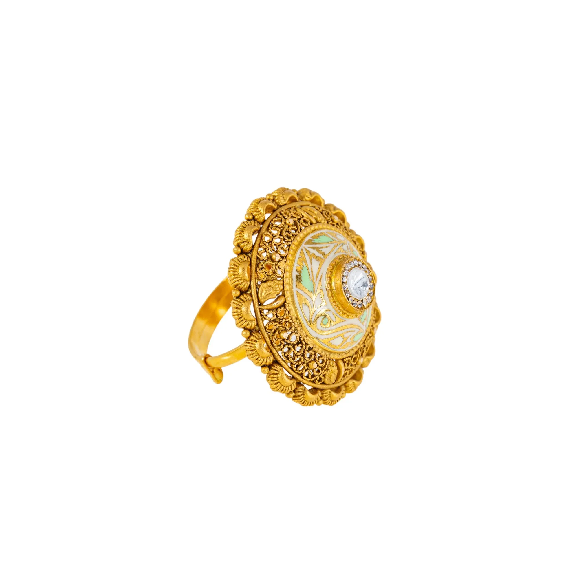 22K Antique Gold, CZ & Kundan Cocktail Ring (9.2gm)