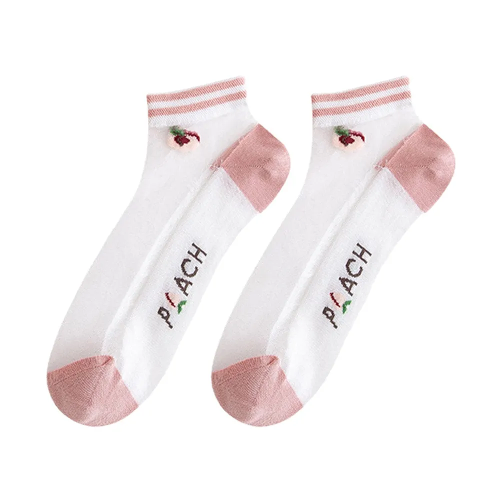 3 Pairs Women Cotton Glass Silk Peach Letters Stripes Pattern Jacquard Breathable Socks