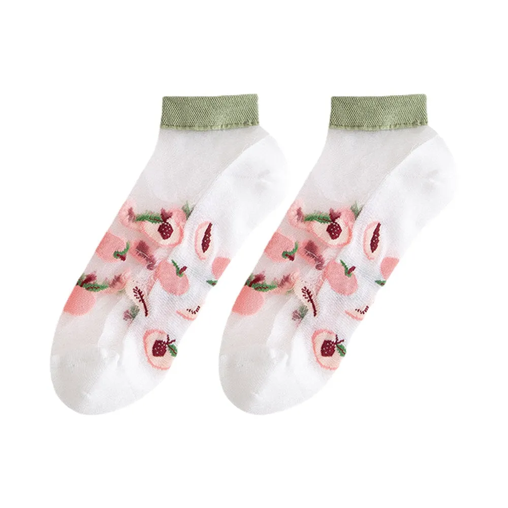 3 Pairs Women Cotton Glass Silk Peach Letters Stripes Pattern Jacquard Breathable Socks