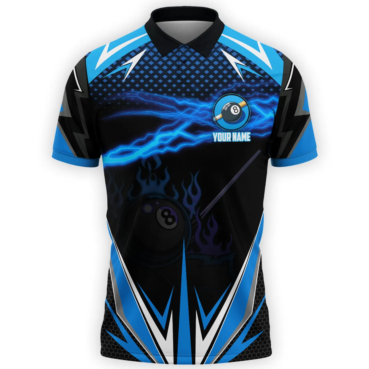 3D All Over Print Billiard Blue Fire Polo Shirt, Thunder Sport Billiard Shirt, Gift for Him