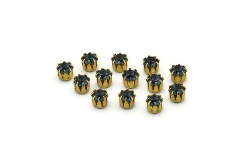 40 Vintage Raw Brass Blue Swarovski Rhinestone Prong Setting 4.5 Mm T030