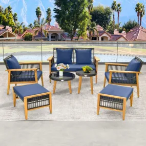 7 Piece Outdoor Conversation Set with Stable Acacia Wood Frame Cozy Seat & Back Cushions-Navy