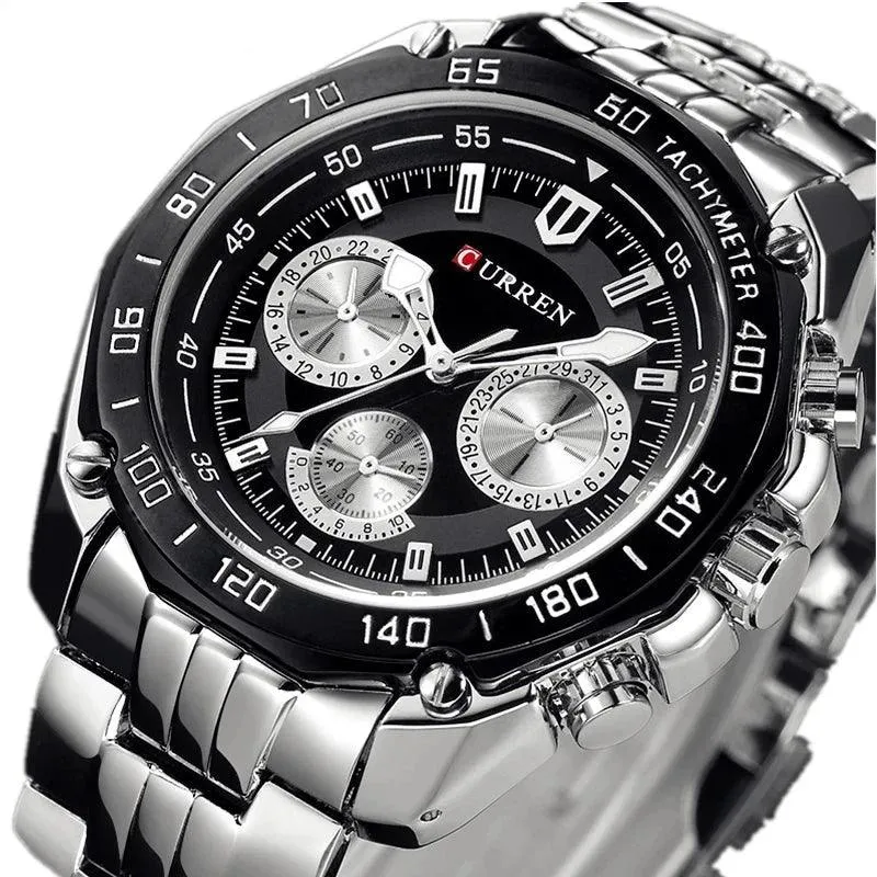 8077 Men's Simple Watch - Full Stainless Steel Band - Quartz Sport Wristwatch