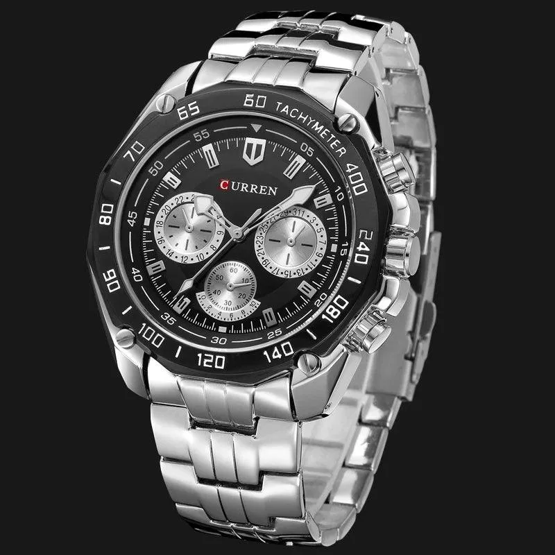 8077 Men's Simple Watch - Full Stainless Steel Band - Quartz Sport Wristwatch