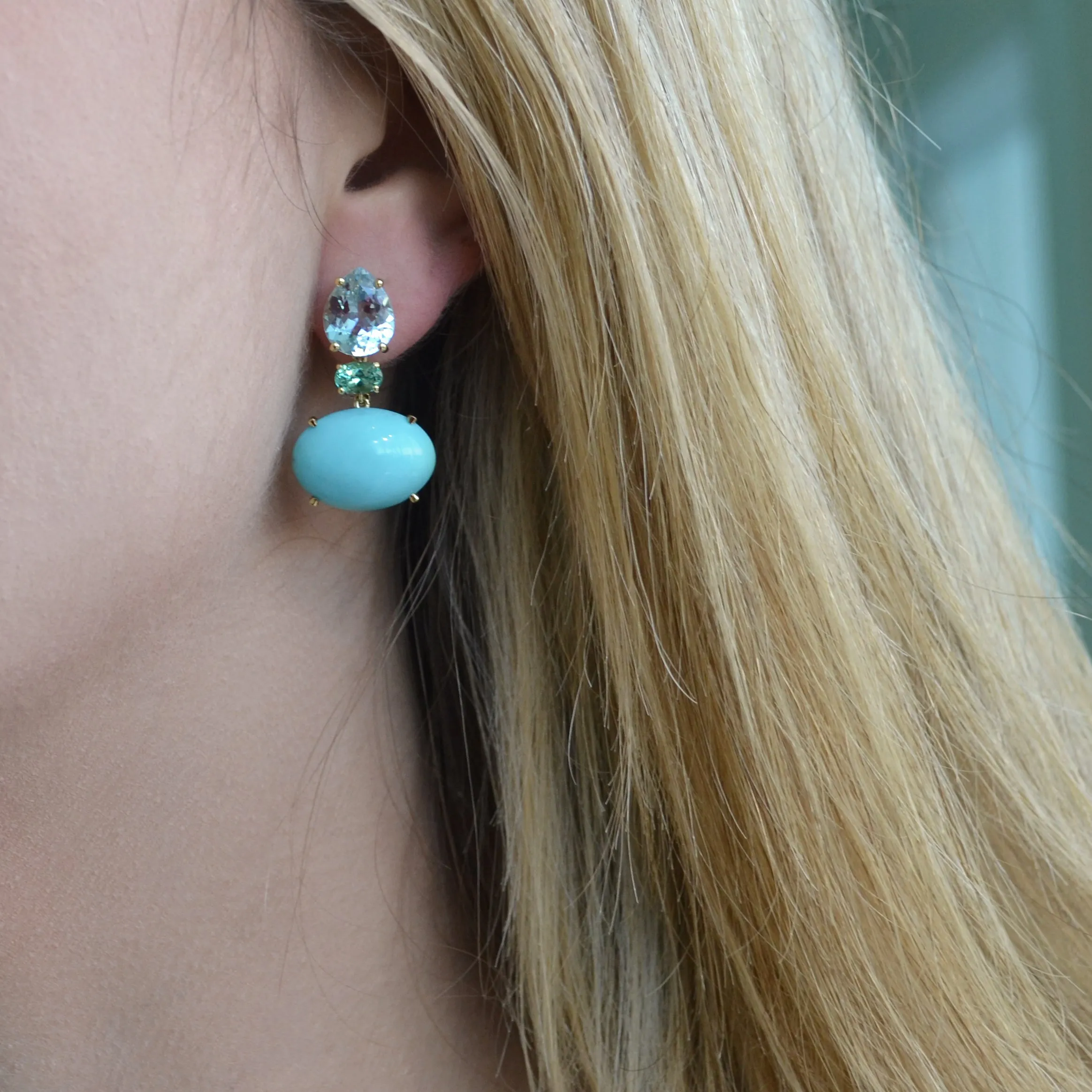 A & Furst - Party - Drop Earrings with Sky Blue Topaz, Apatite and Natural Turquoise, 18k Yellow Gold