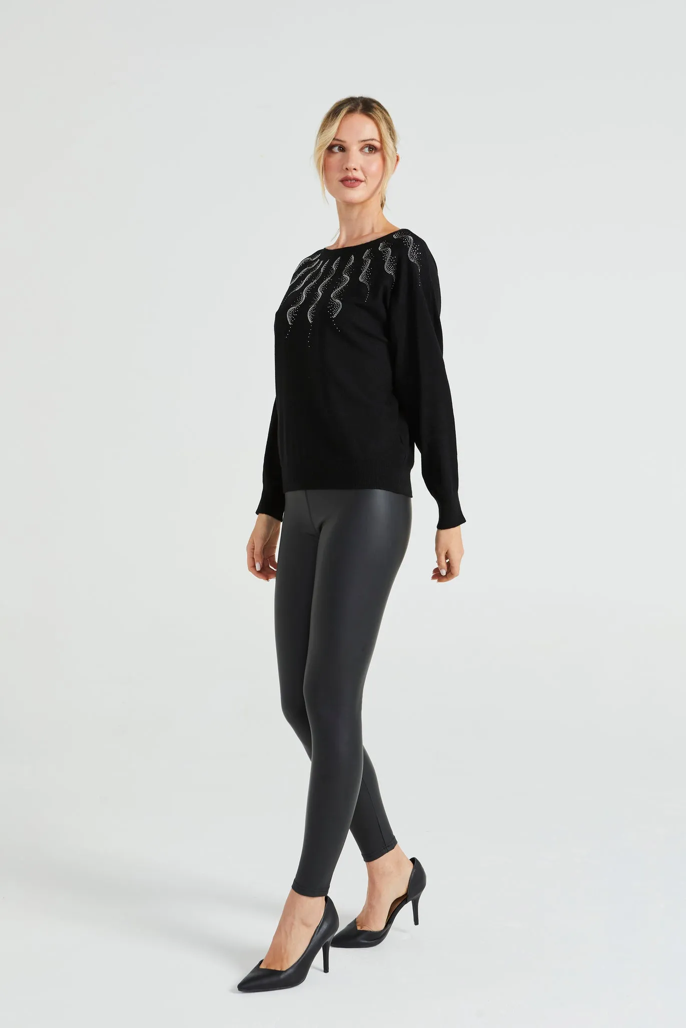 Angeleye Diamonte Neck Detail Batwing Jumper In Black