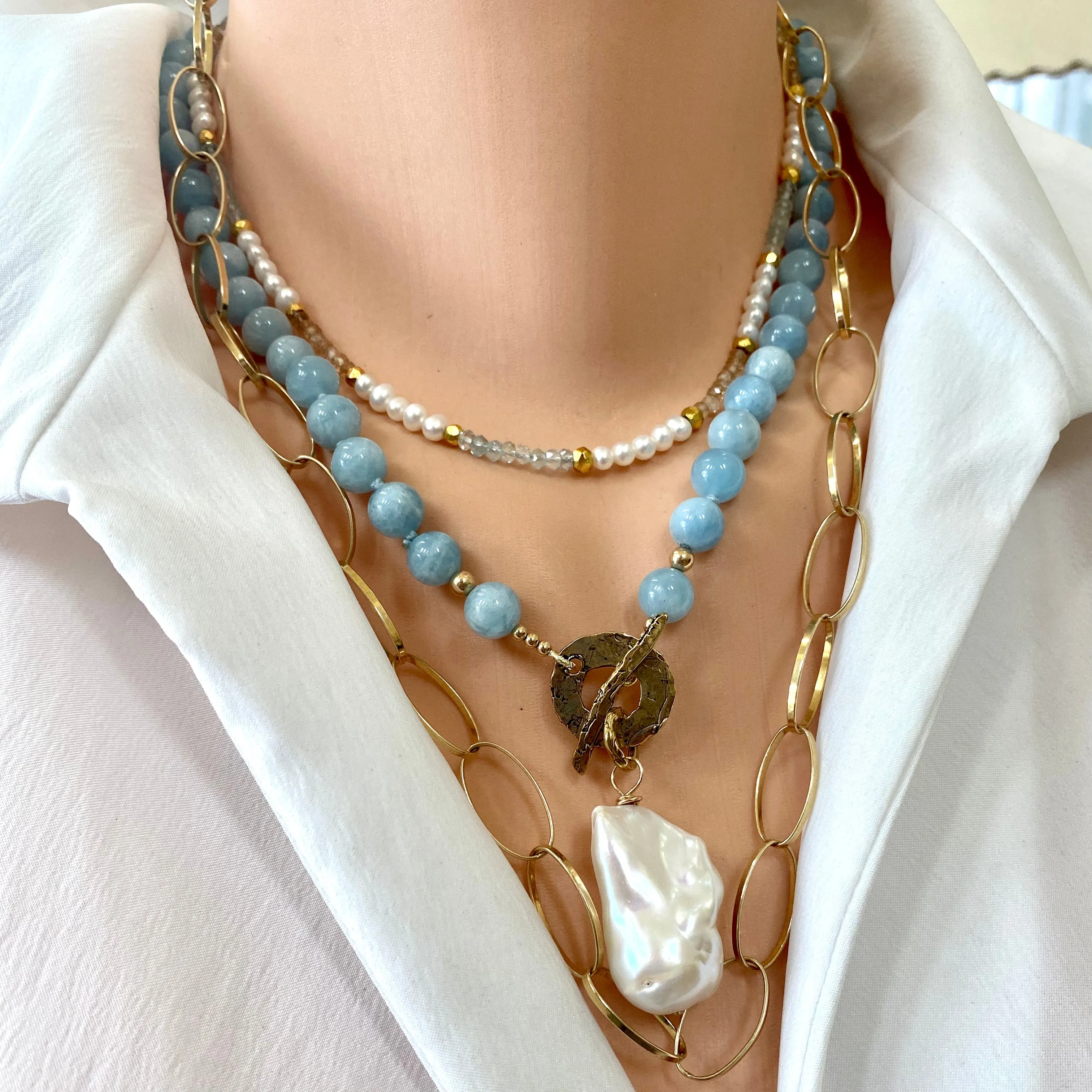 Aquamarine Necklace w Freshwater Baroque Pearl, Gold Bronze & Gold Filled, 19in