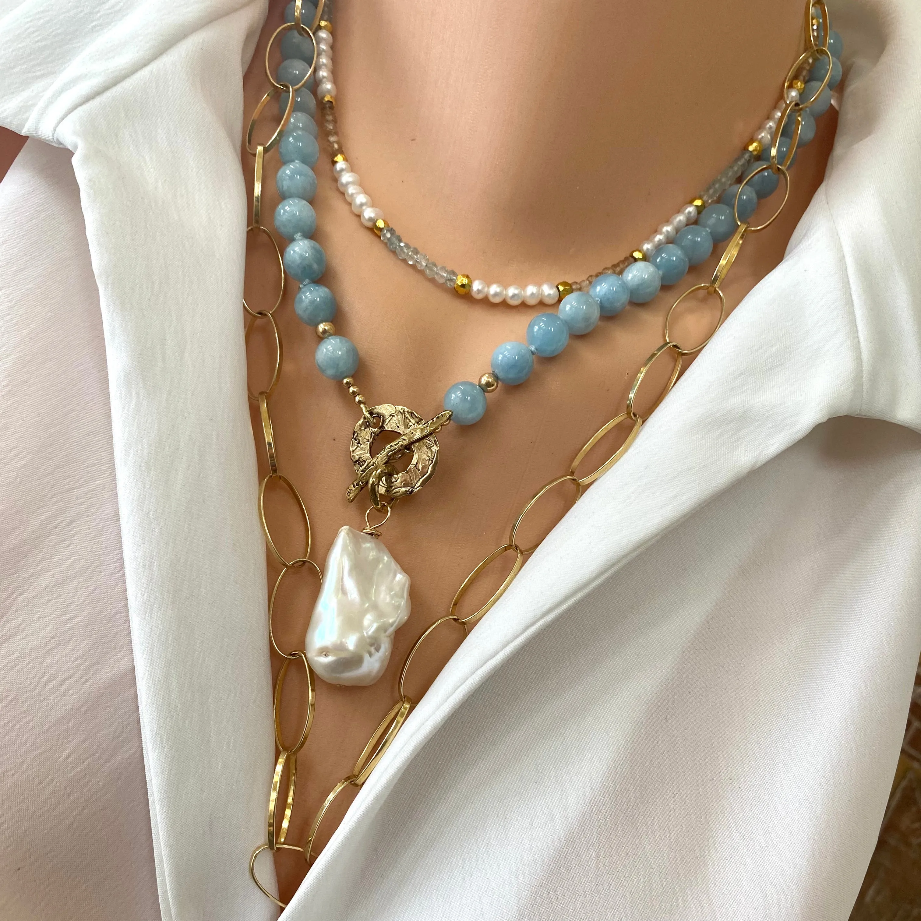 Aquamarine Necklace w Freshwater Baroque Pearl, Gold Bronze & Gold Filled, 19in