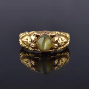 Art Nouveau 18K Gold Cat's Eye Chrysoberyl Ring, Figural Faces