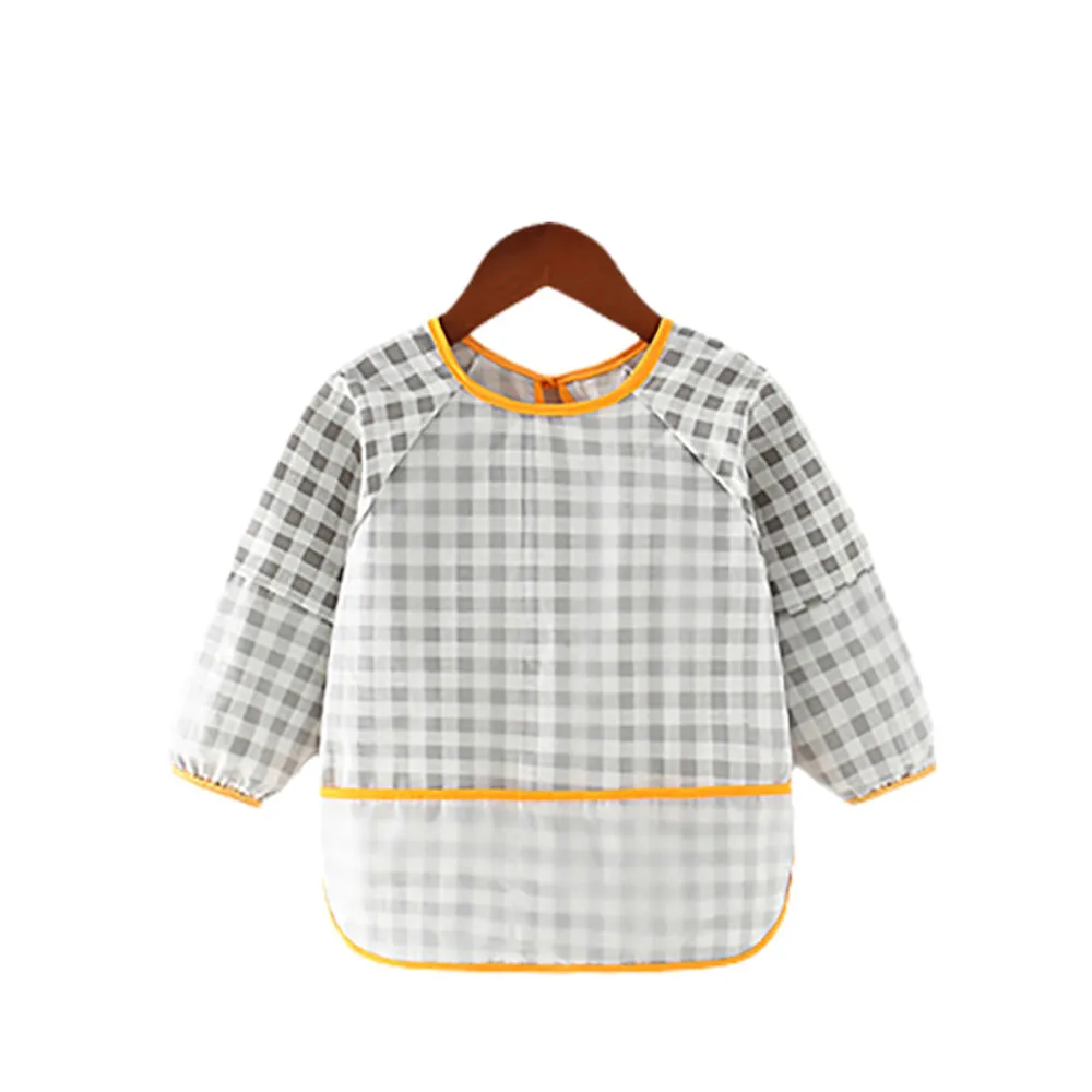 Baby Long Sleeve Apron Smock Bib Gingham Grey