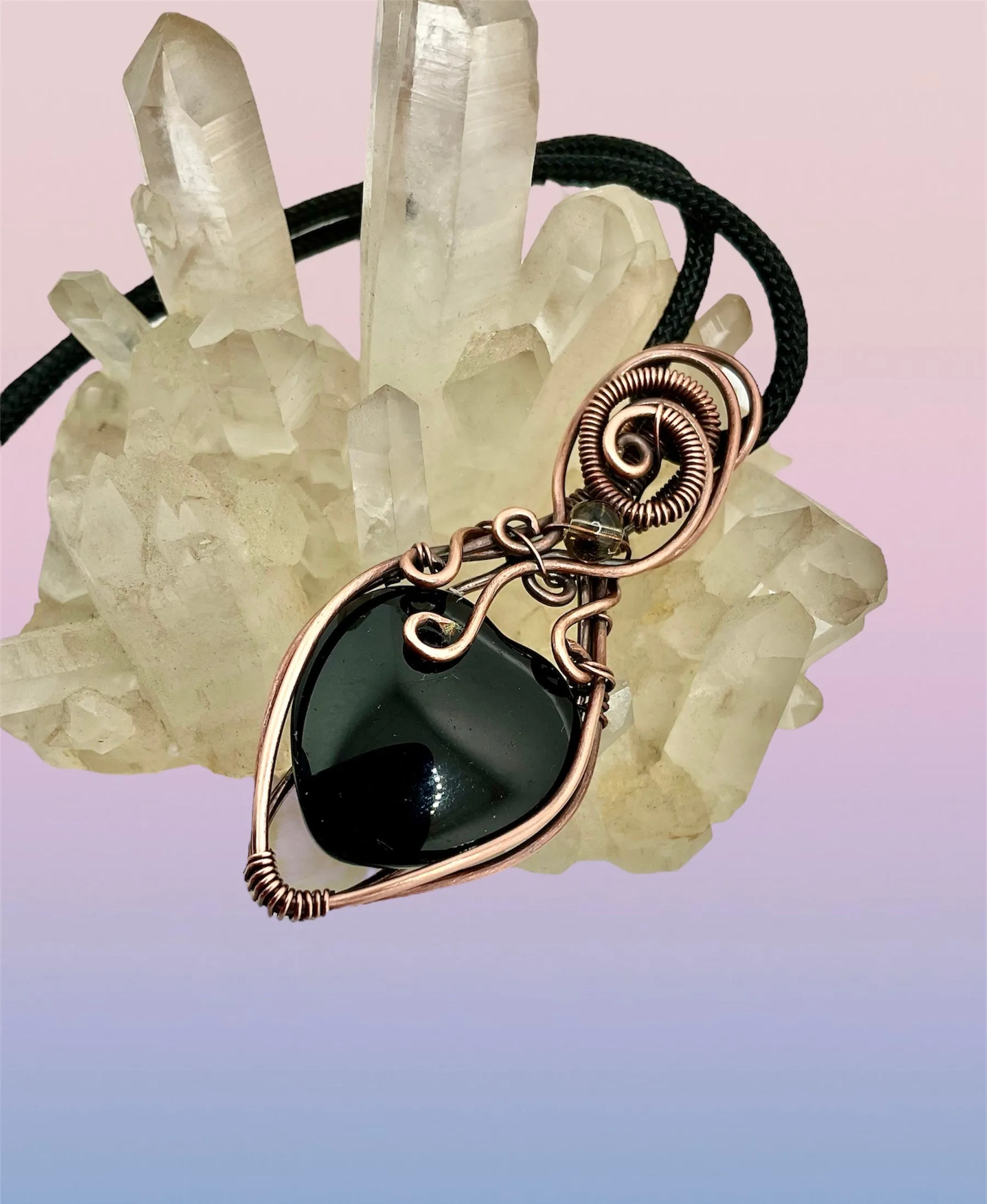 Black Obsidian Wire Wrapped Hearts with Smokey Quartz Accent