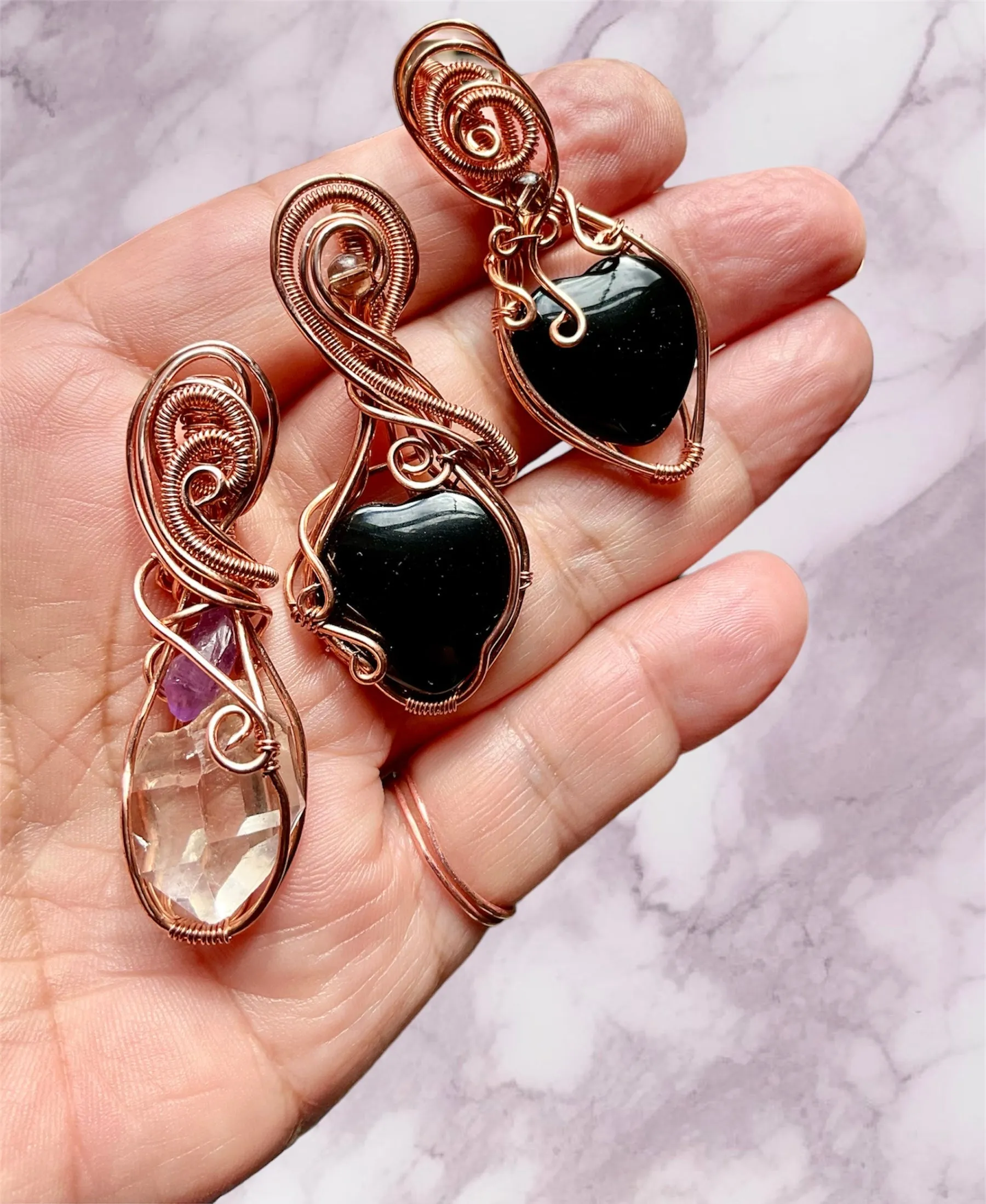 Black Obsidian Wire Wrapped Hearts with Smokey Quartz Accent