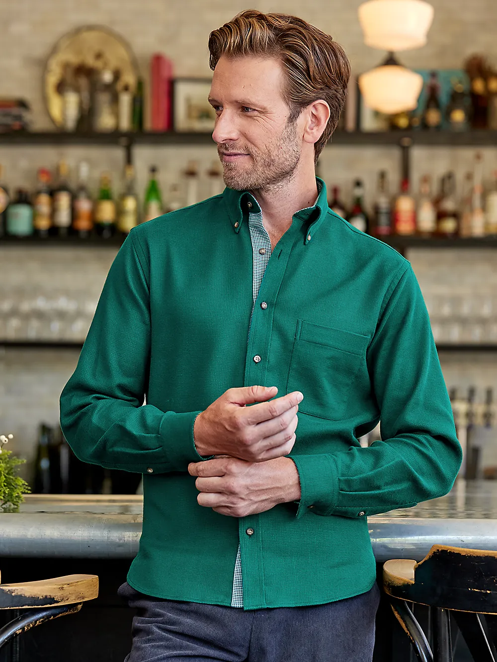 Brushed Twill Solid Casual Shirt With Contrast Trim - Green