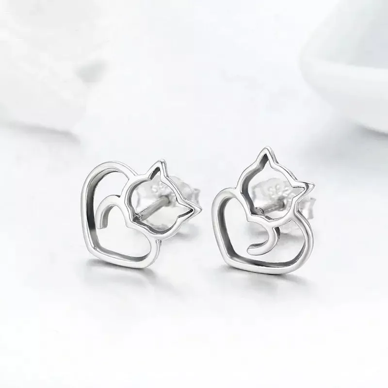 Cat Heart Earrings in Solid 925 Sterling Silver