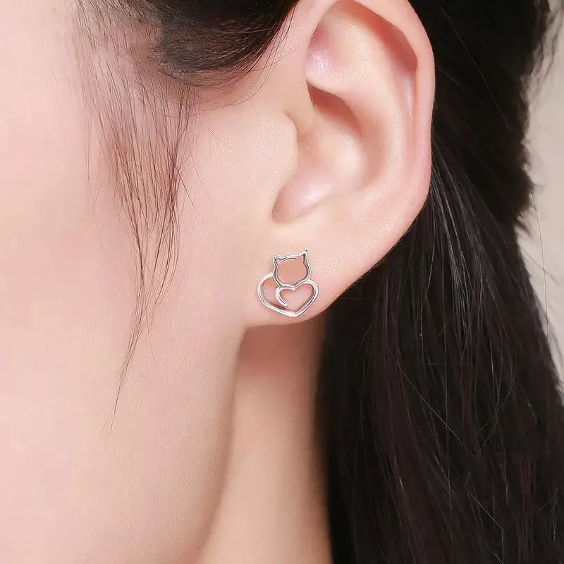 Cat Heart Earrings in Solid 925 Sterling Silver