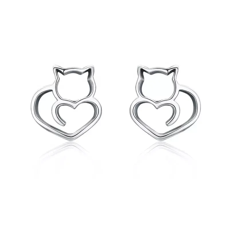 Cat Heart Earrings in Solid 925 Sterling Silver