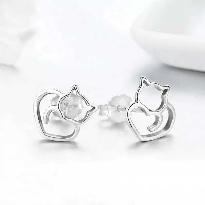 Cat Heart Earrings in Solid 925 Sterling Silver