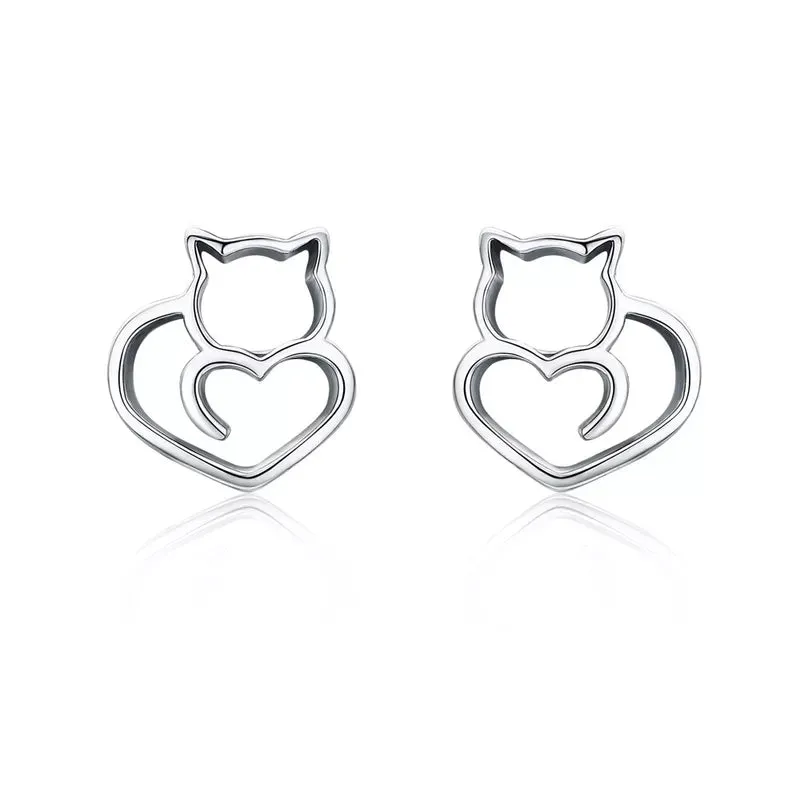 Cat Heart Earrings in Solid 925 Sterling Silver