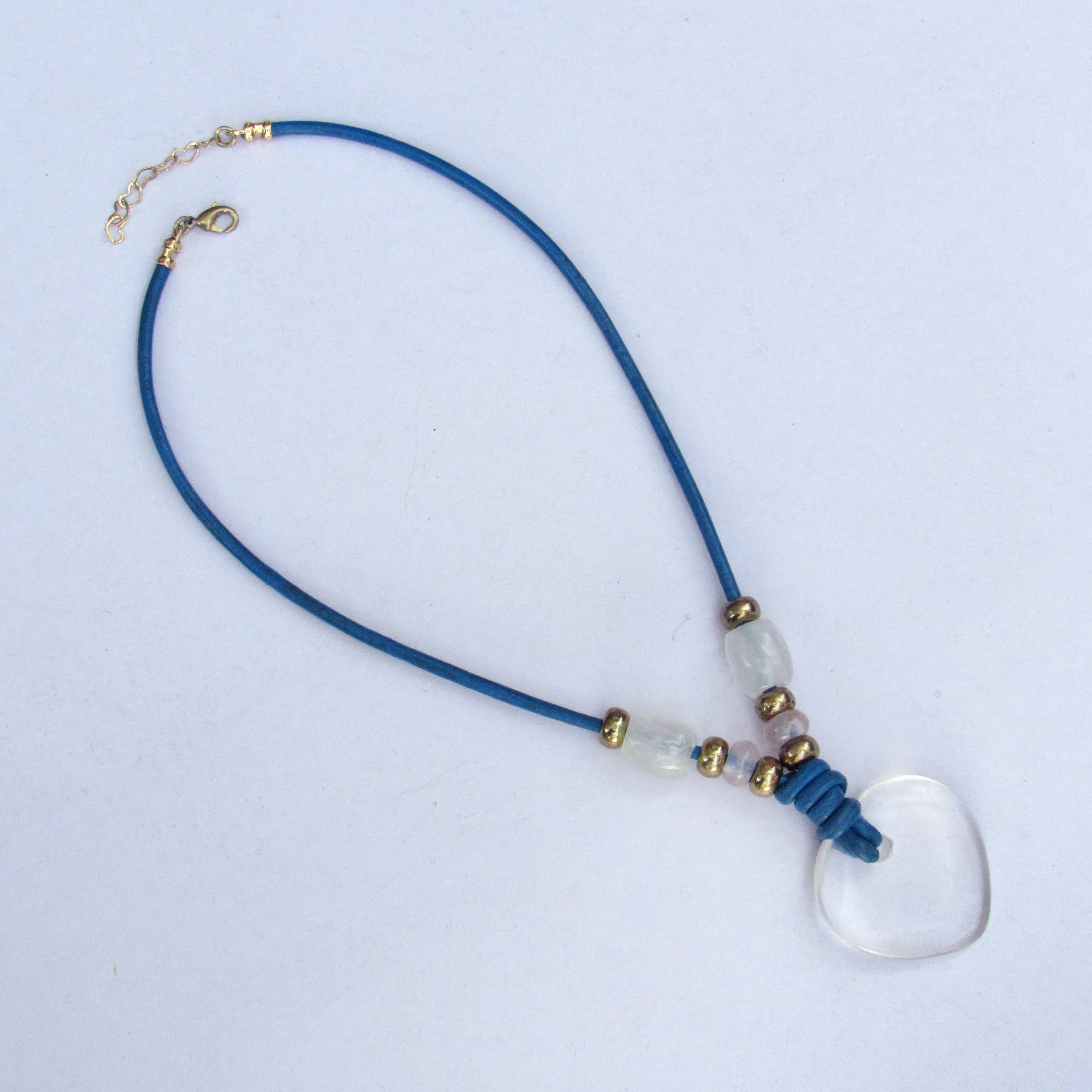 Clear Quartz & Rose Quartz gemstones with Brass on Blue Leather Necklace