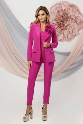 Completo tailleur elegante fucsia a tre pezzi Pretty Girl con spilla a fiore