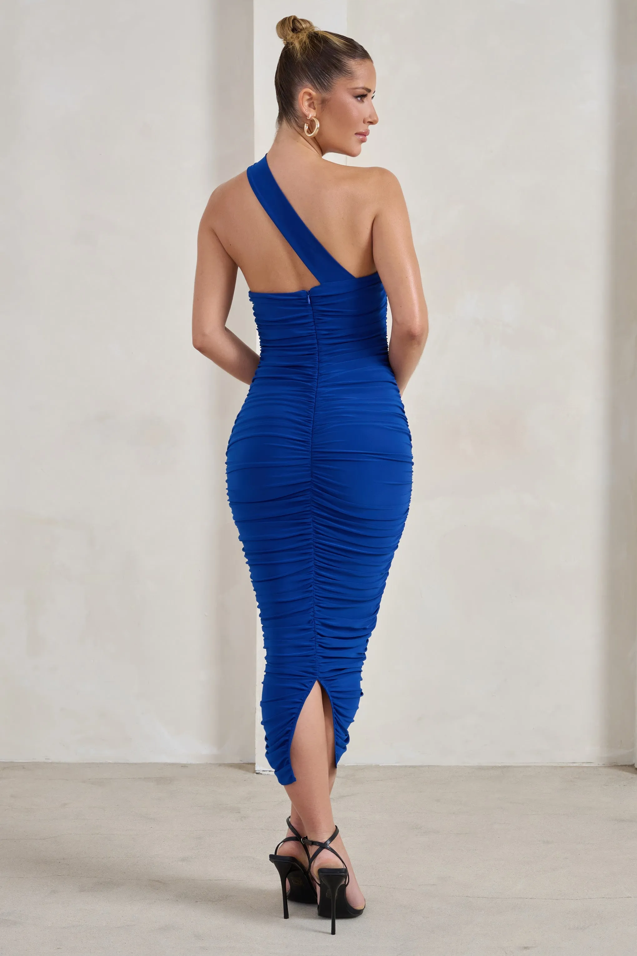 Connie | Cobalt Blue Ruched Asymmetric Neckline Midi Dress