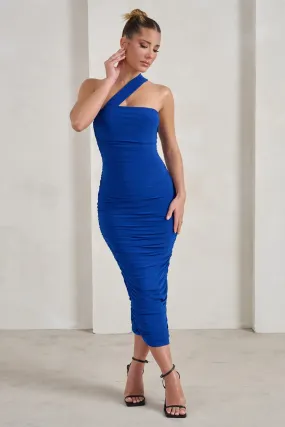 Connie | Cobalt Blue Ruched Asymmetric Neckline Midi Dress