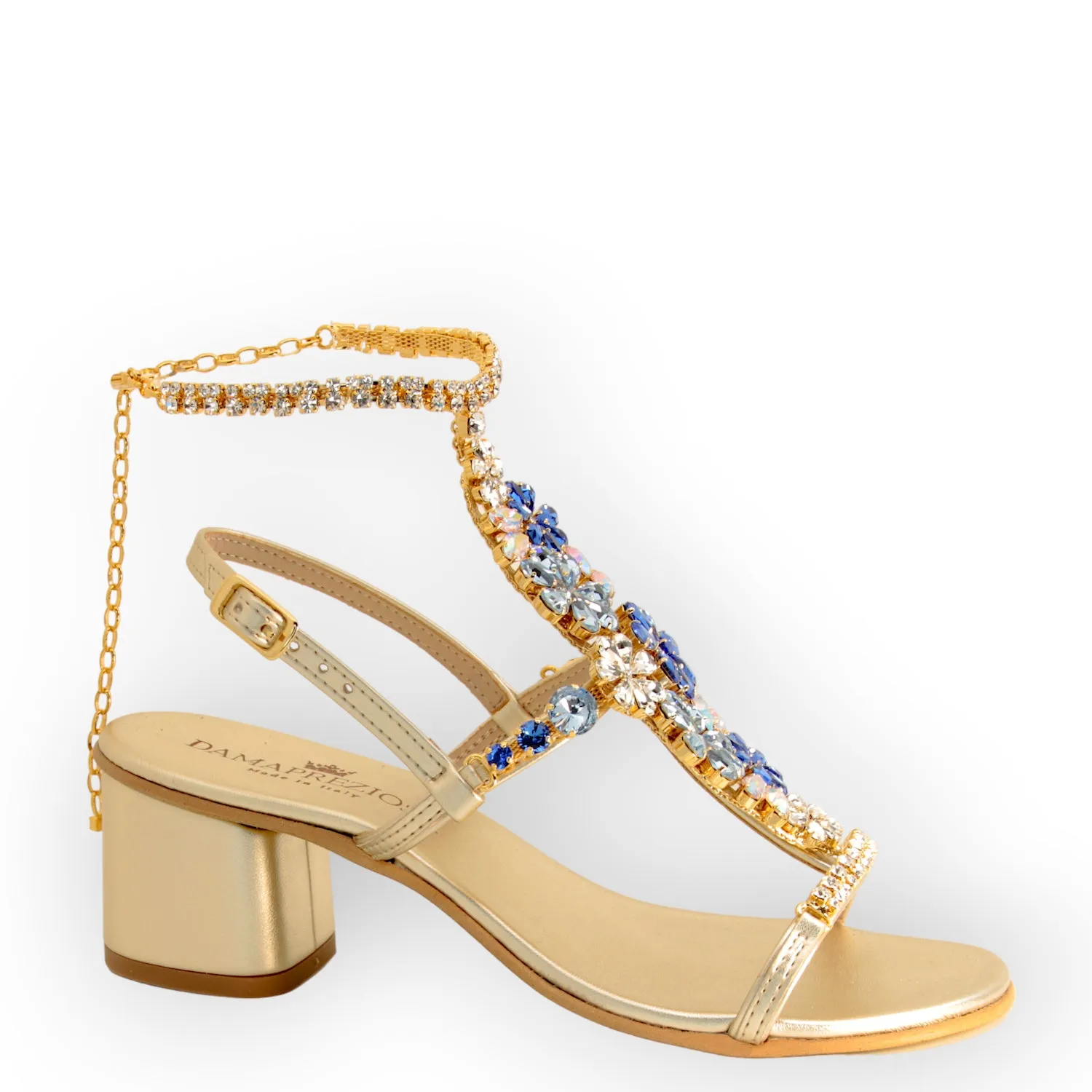 Daisy Aquamarine, Jewel Sandal With Crystal Flowers And Block Heel