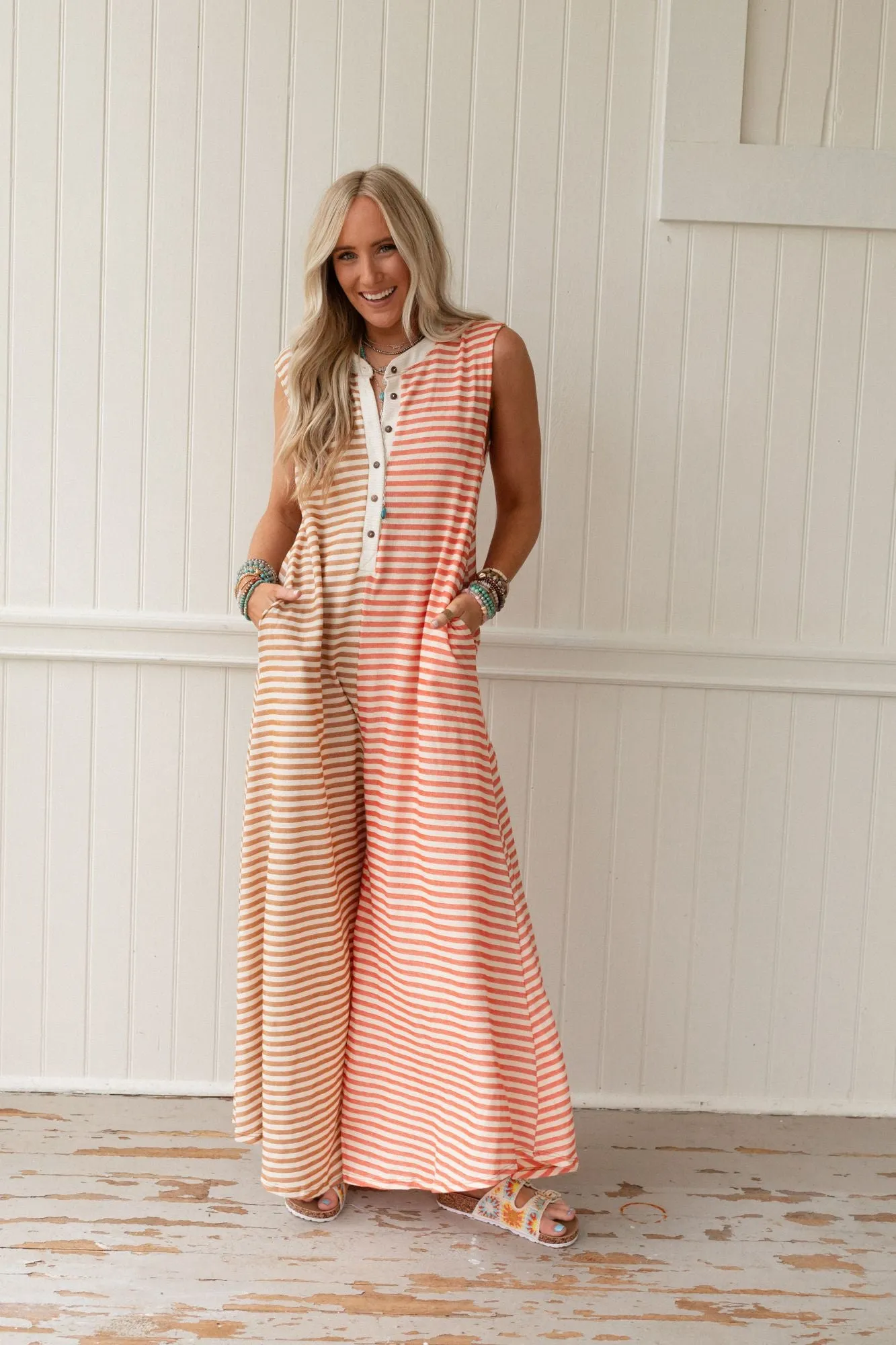 Daphne Striped Wide Leg Jumpsuit - Coral Multi