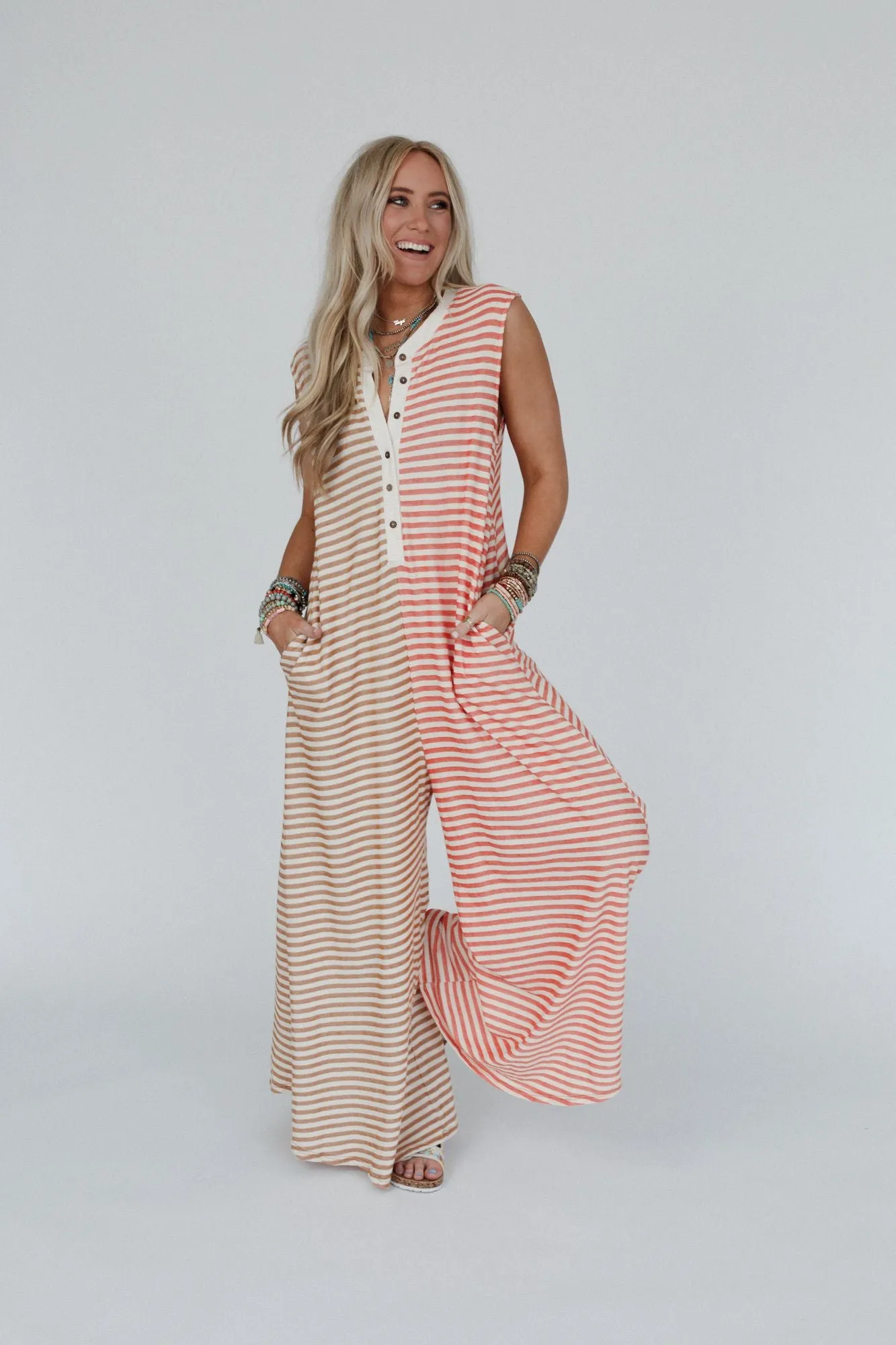 Daphne Striped Wide Leg Jumpsuit - Coral Multi