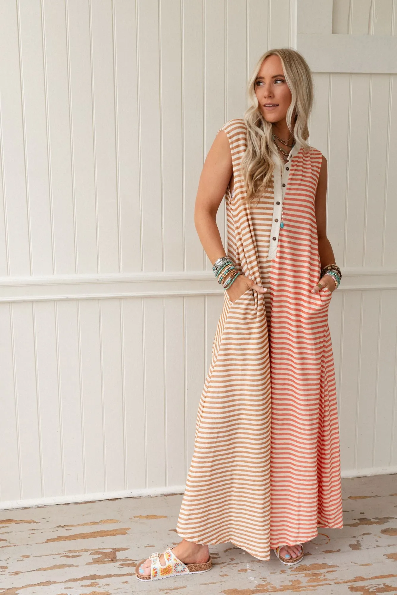 Daphne Striped Wide Leg Jumpsuit - Coral Multi