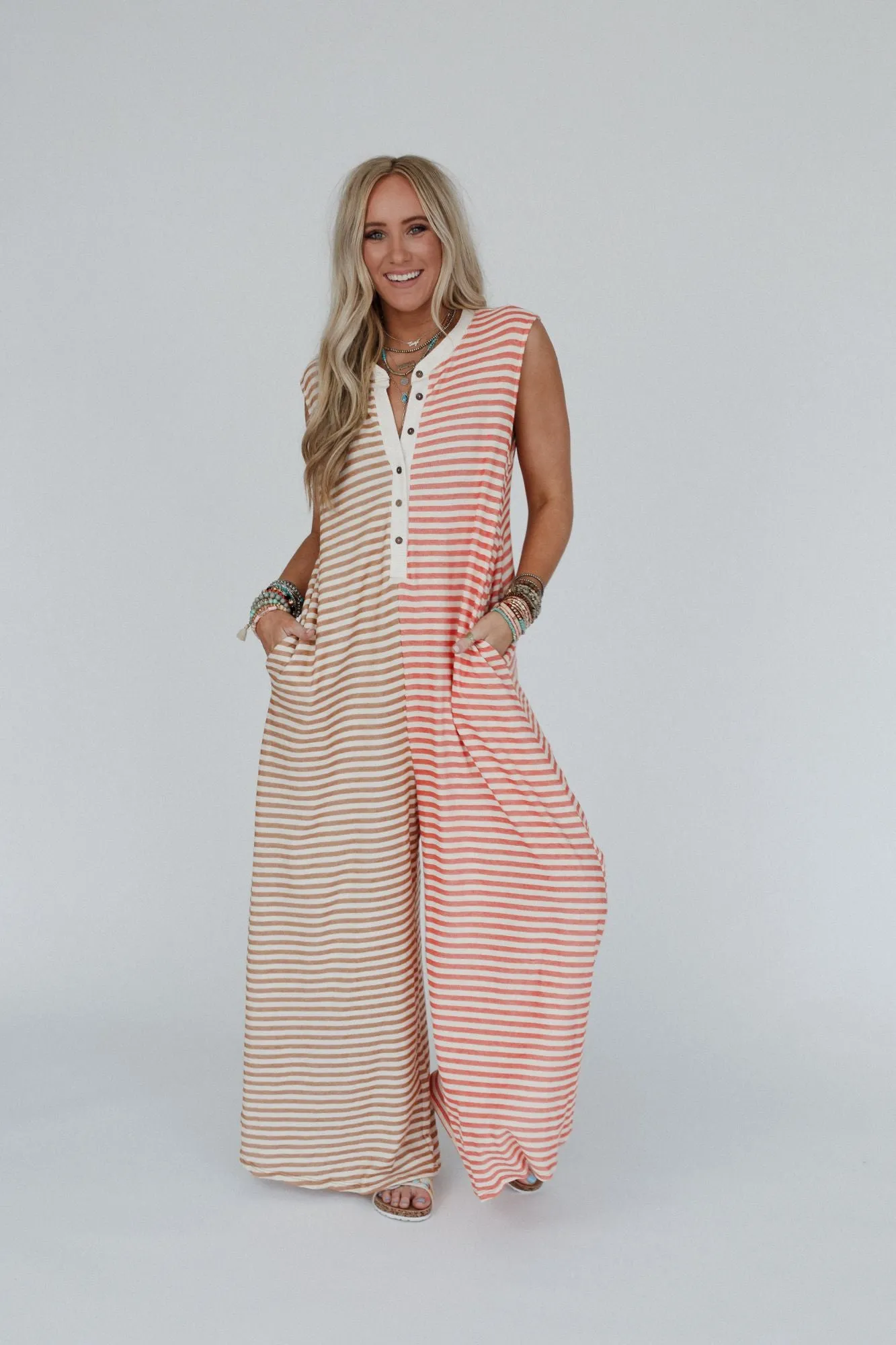 Daphne Striped Wide Leg Jumpsuit - Coral Multi