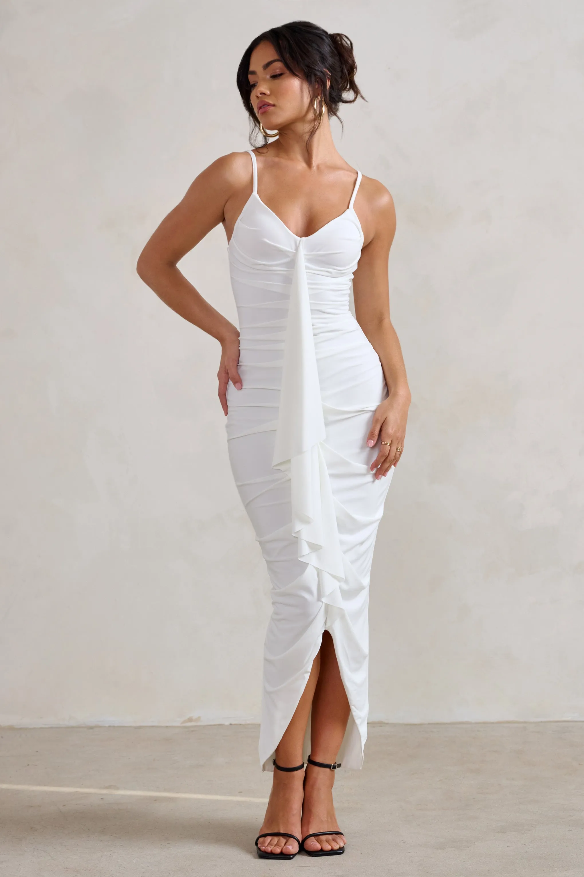 Dorothy | White Plunge V Neckline Ruffle Midi Dress