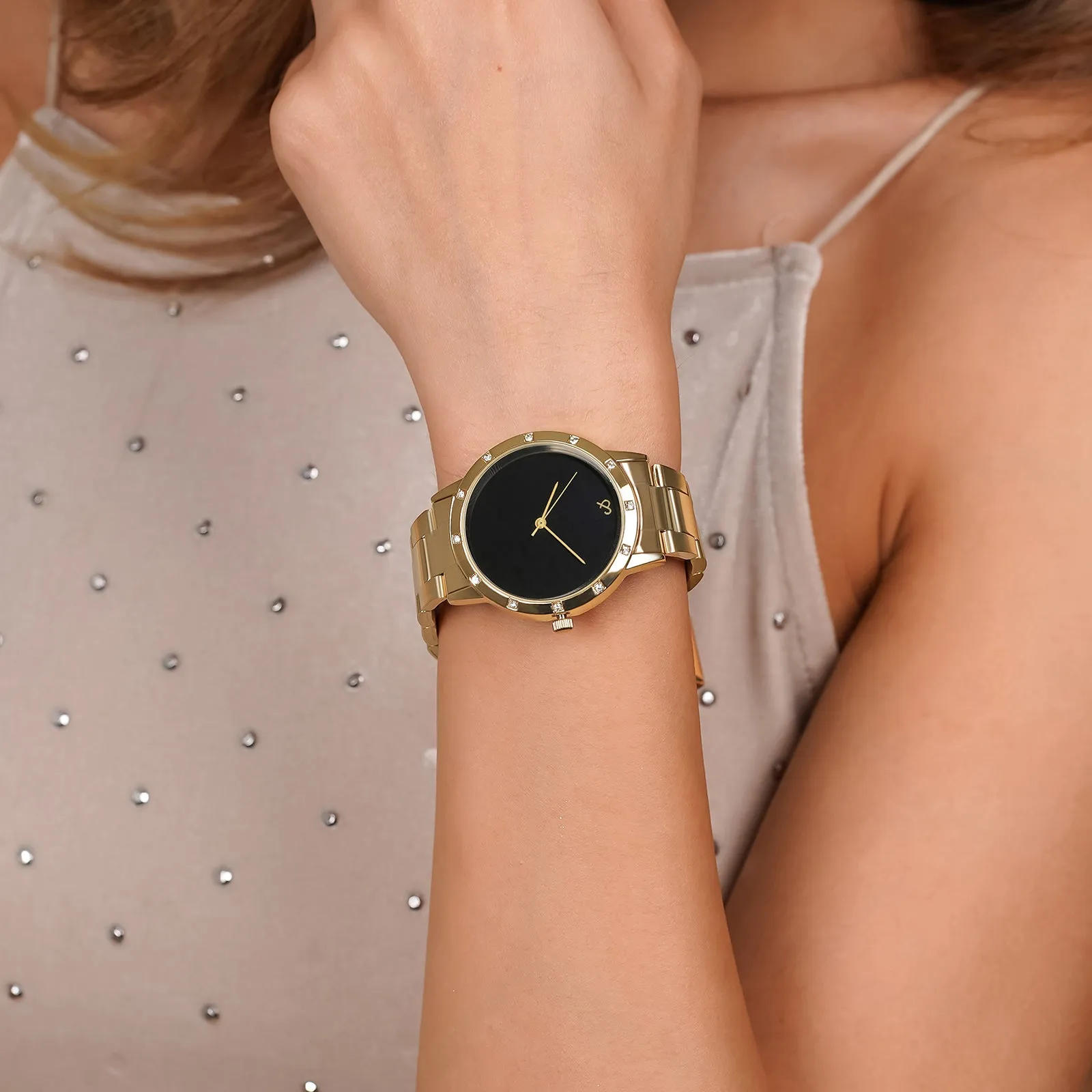 Dusk Black Dial Gold Metallic Strap Watch