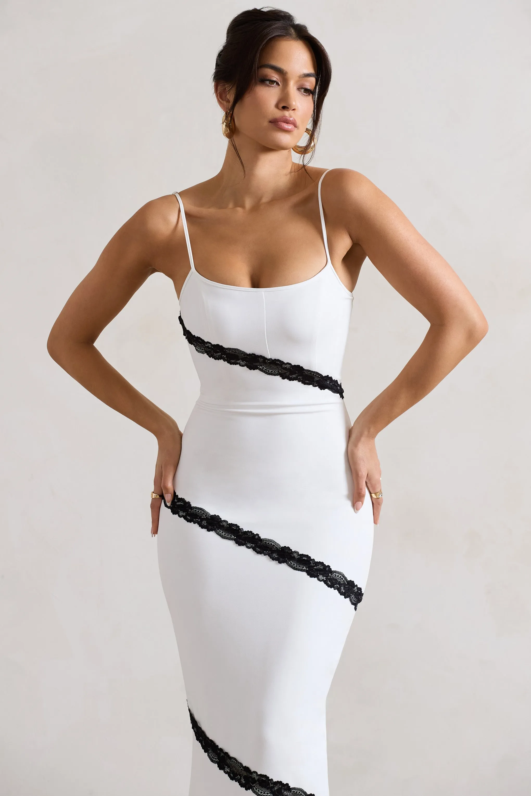 Elizabeth | White & Black Strappy Lace-Trimmed Maxi Dress