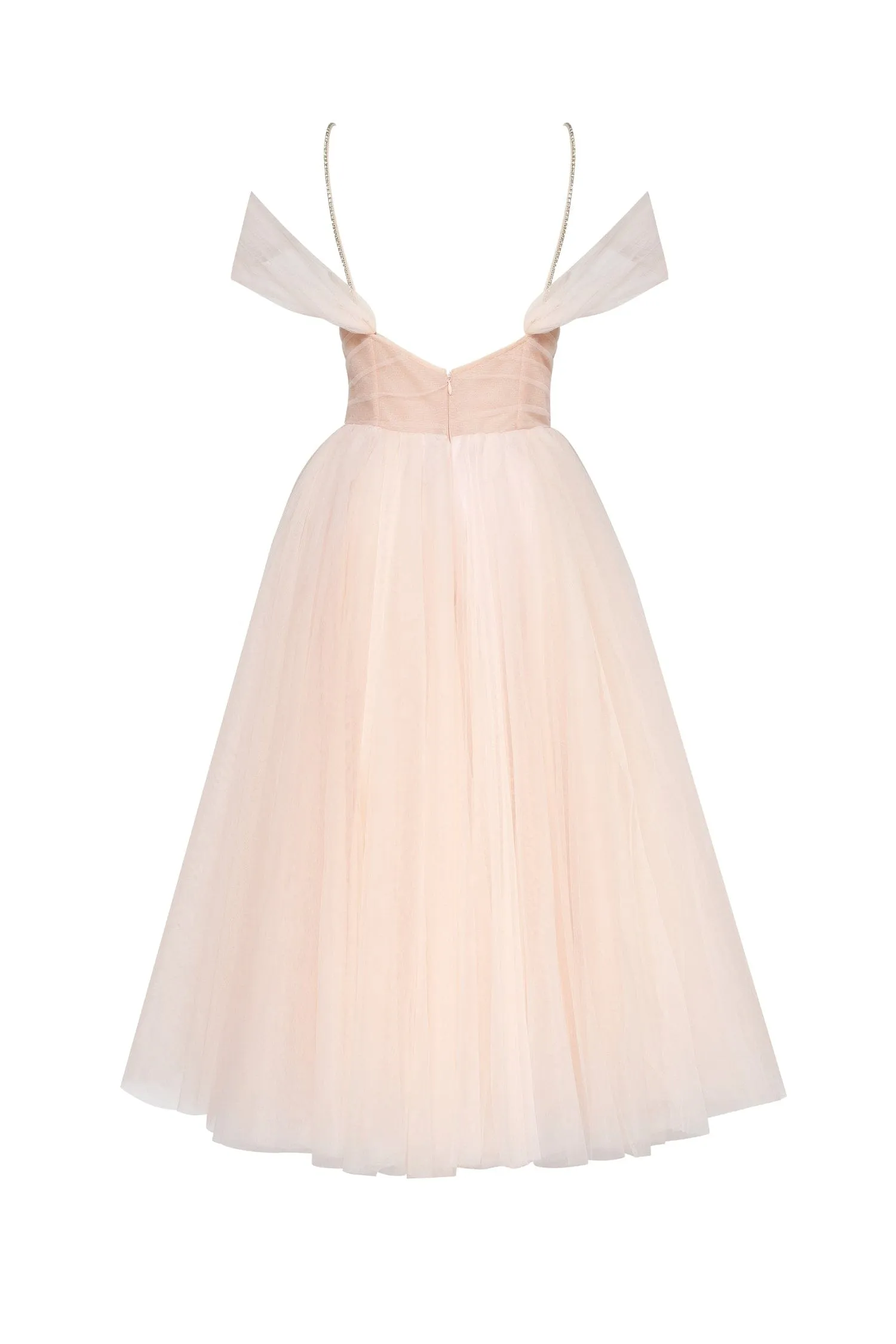 Feminine tulle cocktail dress with the light off-the-shoulder sleeves