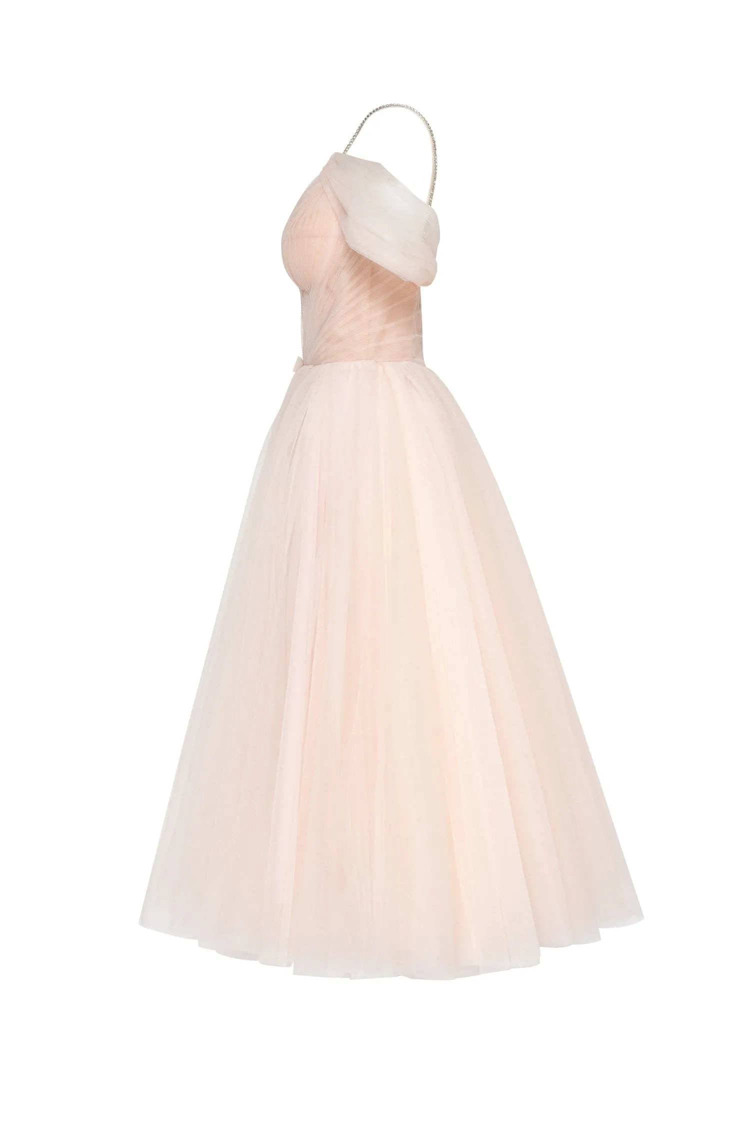 Feminine tulle cocktail dress with the light off-the-shoulder sleeves