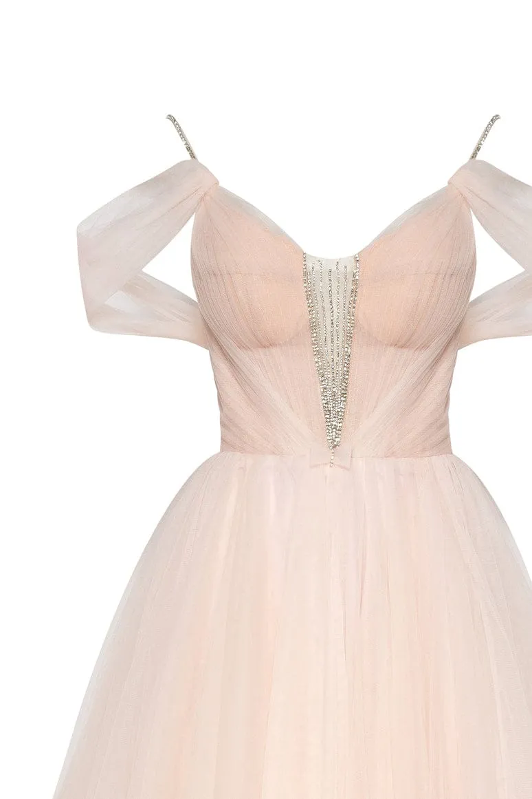 Feminine tulle cocktail dress with the light off-the-shoulder sleeves