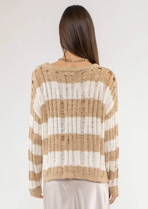 FINAL SALE - Khaki Striped Ladder Open Knit Top