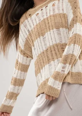 FINAL SALE - Khaki Striped Ladder Open Knit Top