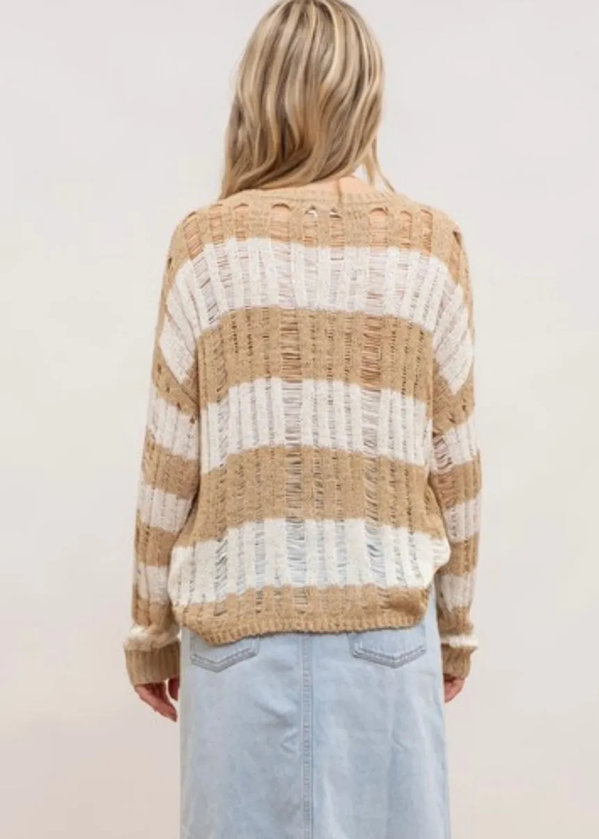 FINAL SALE - Khaki Striped Ladder Open Knit Top