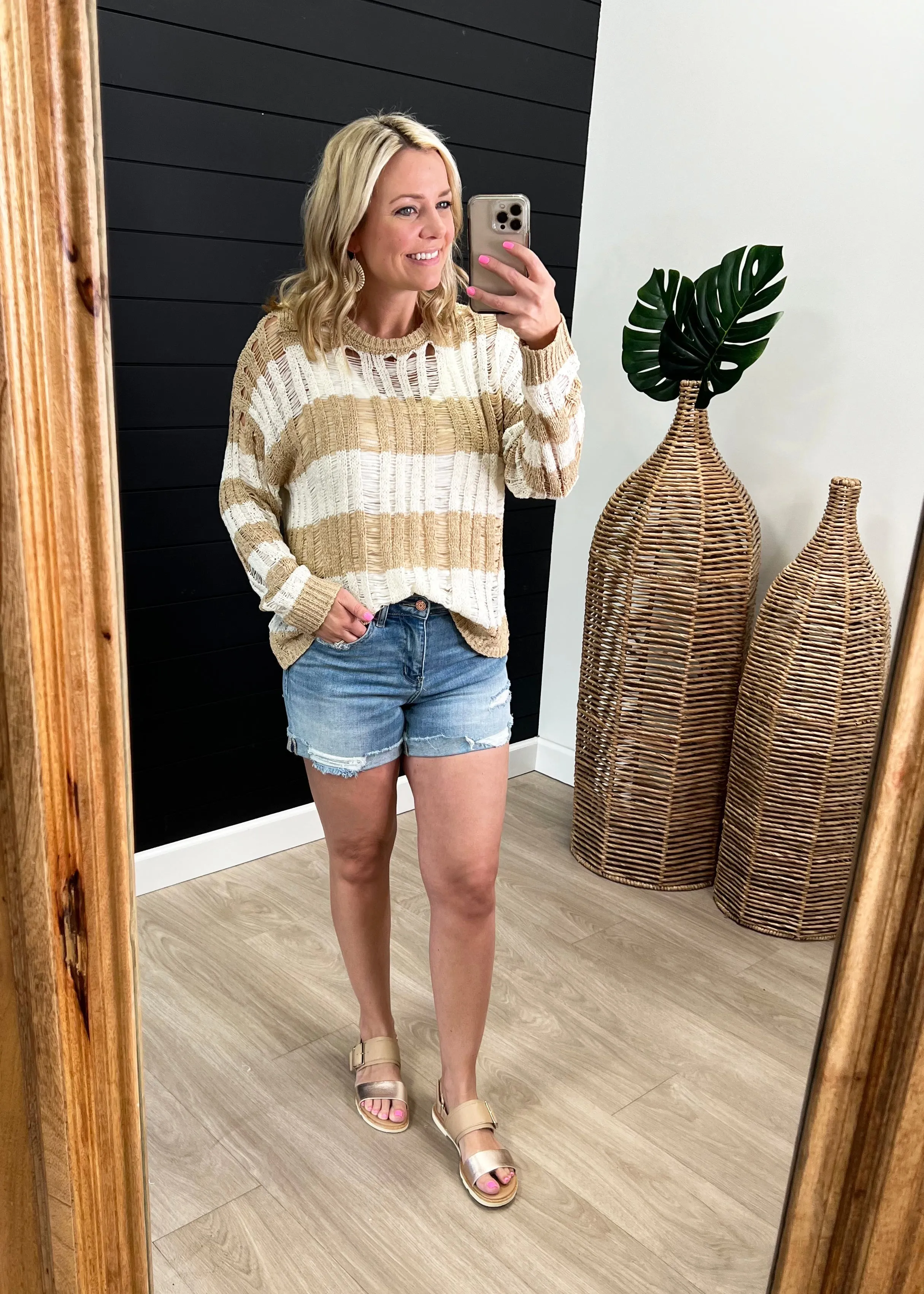 FINAL SALE - Khaki Striped Ladder Open Knit Top