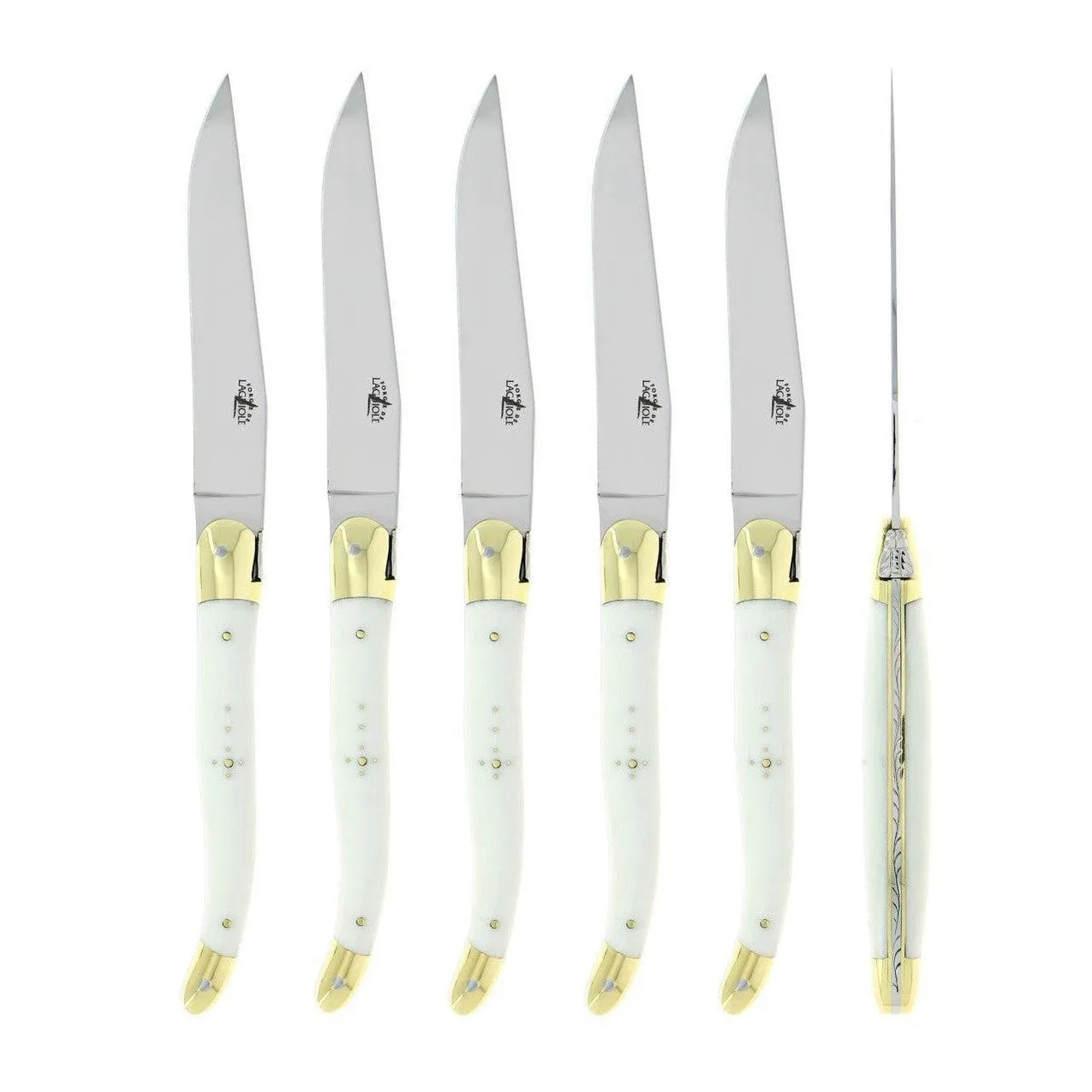 Forge de Laguiole White Fabric Steak Knives - Brass Bolsters