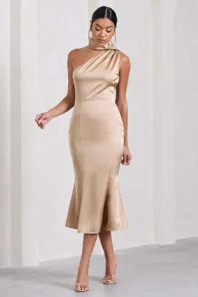 Golden Girl | Champagne Satin One Shoulder High-Neck Flared Midi Dress