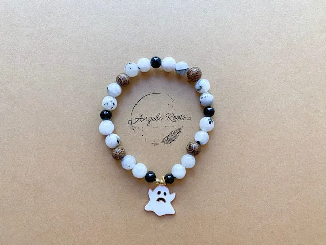 Halloween Collection || Rainbow Moonstone, Ebony Wood, Onyx & Ghost Charm Beaded Bracelet || Reiki Infused