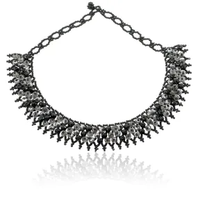 Hand Beaded Lace Bib Necklace - Black