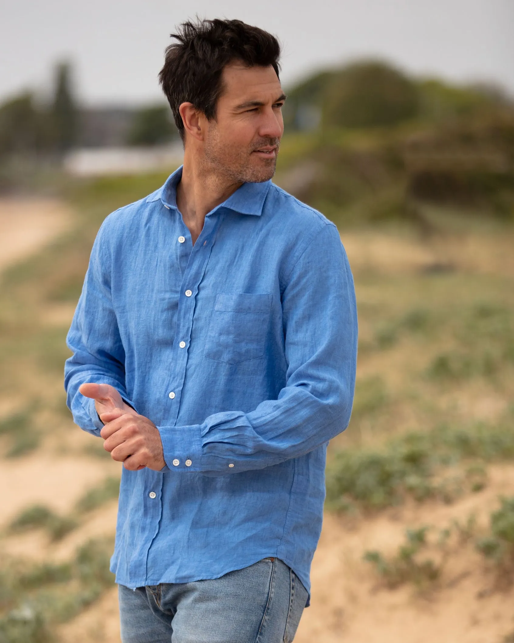 Hartford Azur Blue Linen Shirt