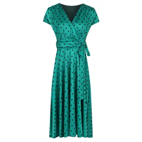 Jade Green Black Polka Dot Cap Sleeve Fit And Flare Midi Dress