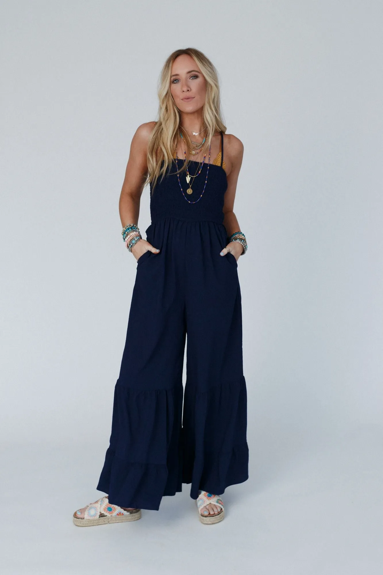 Just For Fun Smocked Tiered Ruffle Jumpsuit - Navy