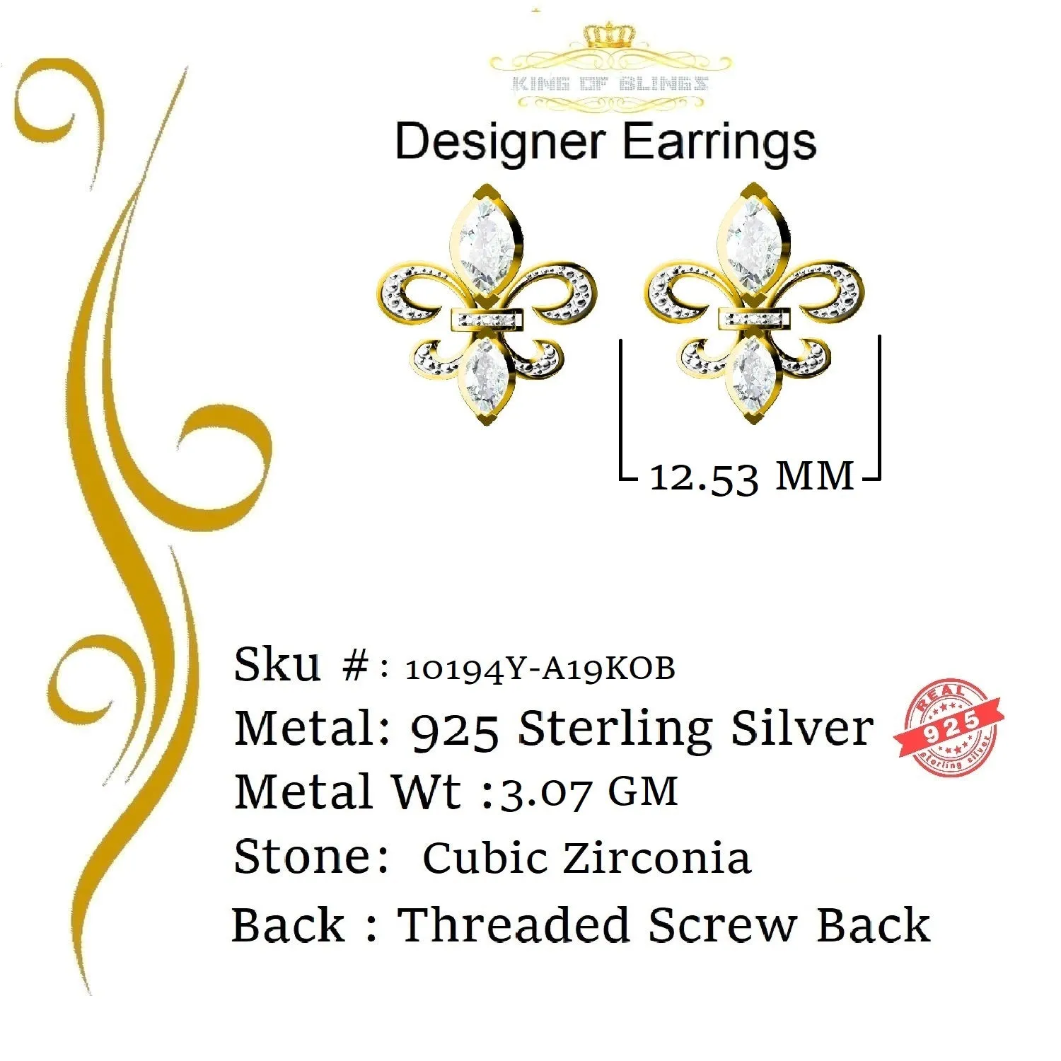 King of Bling's 925 Yellow Silver Ladies Fleur de Lis Screw Back 2.43ct Cubic Zirconia Earrings